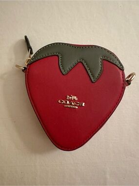 COACH Leather Red Strawberry Mini Coin Pouch Green Top Trim with crossbody chain